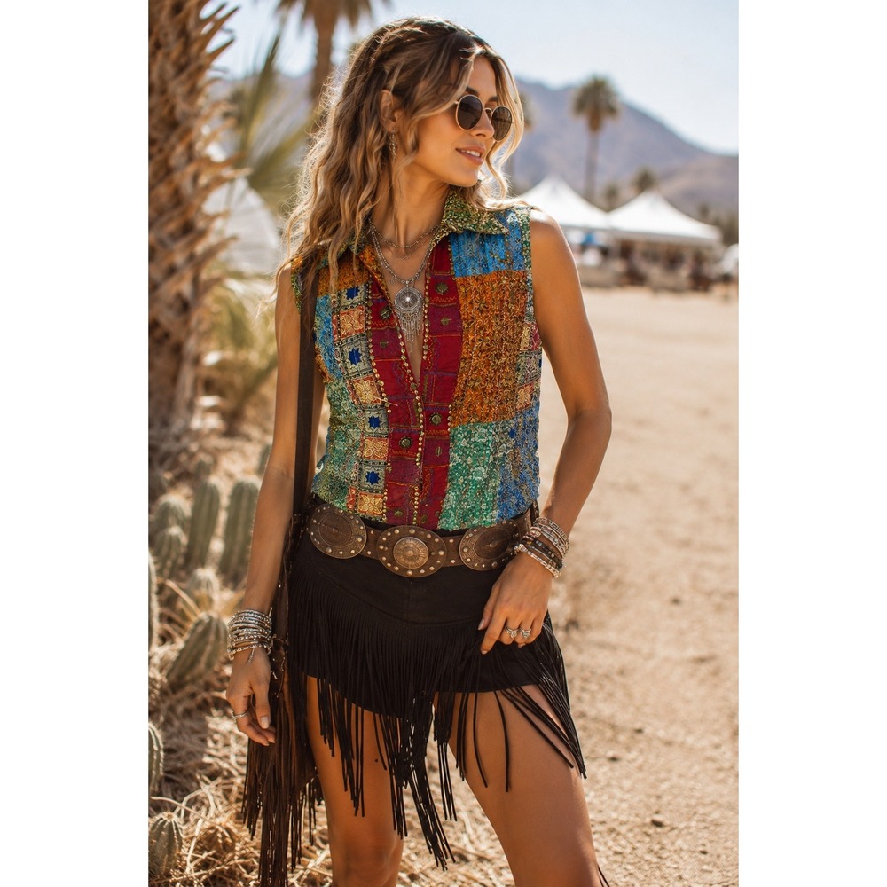 Chicos Patchwork Brocade Vest Size 2 Embroidered Beaded Boho Festival Multicolor